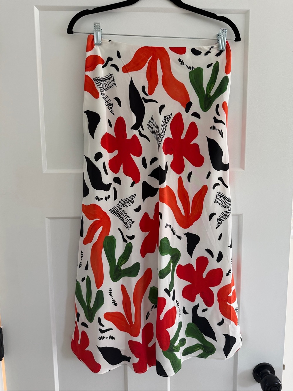 MMLafleur White Floral Print Midi Skirt with Red & Green Accents